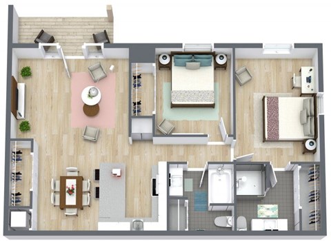 Floor plan for 2 beds, 2 baths, 960 sqft